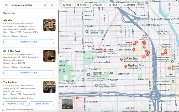 businesses listed on the left side of Google Maps after searching "restaurants west loop"