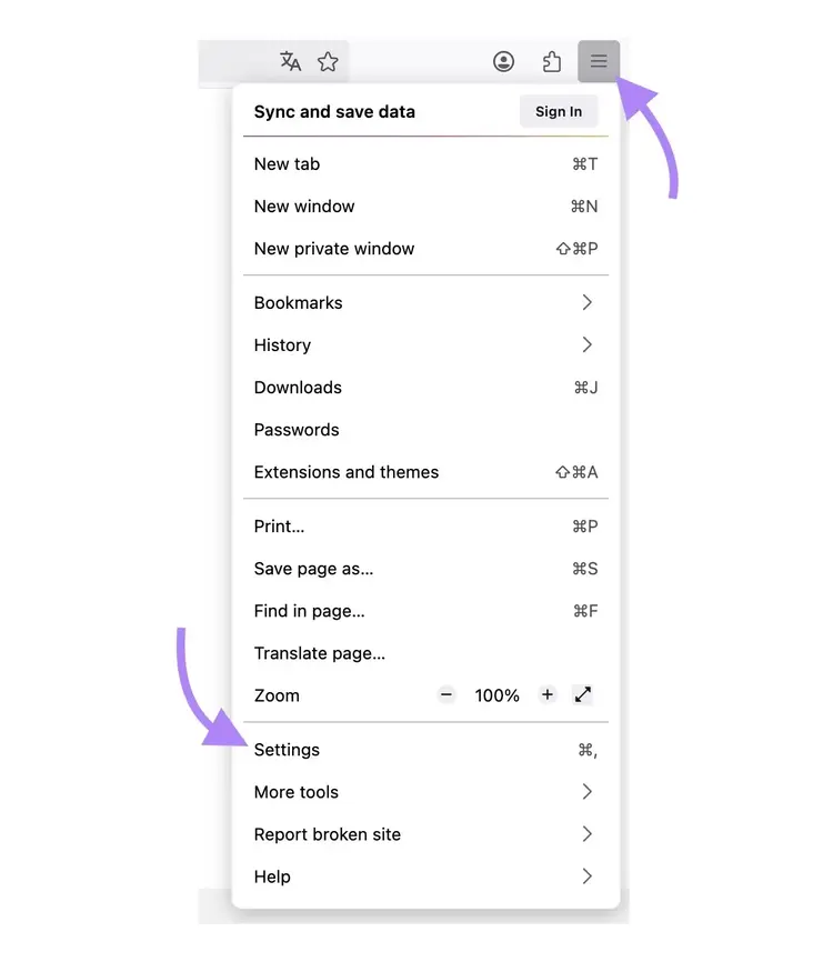The three lines icon clicked in the top right corner of the Firefox browser and "Settings" selected from the list.