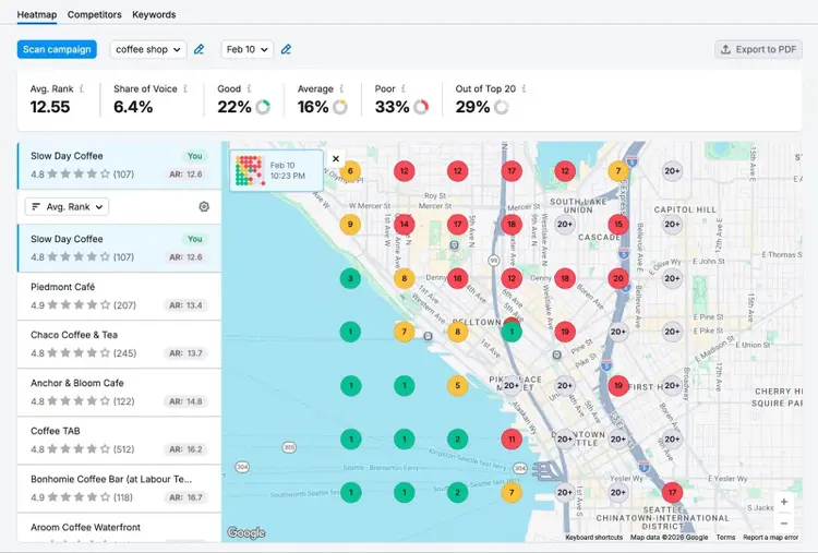 A heatmap on the Map Rank Tracker tool showing performance based on geographic areas for a local business versus competitors.