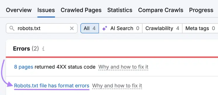 The error appears in our list.