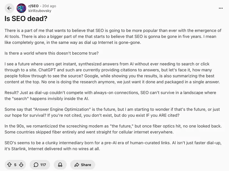 Reddit thread expressing concern that SEO will become obsolete in the future.