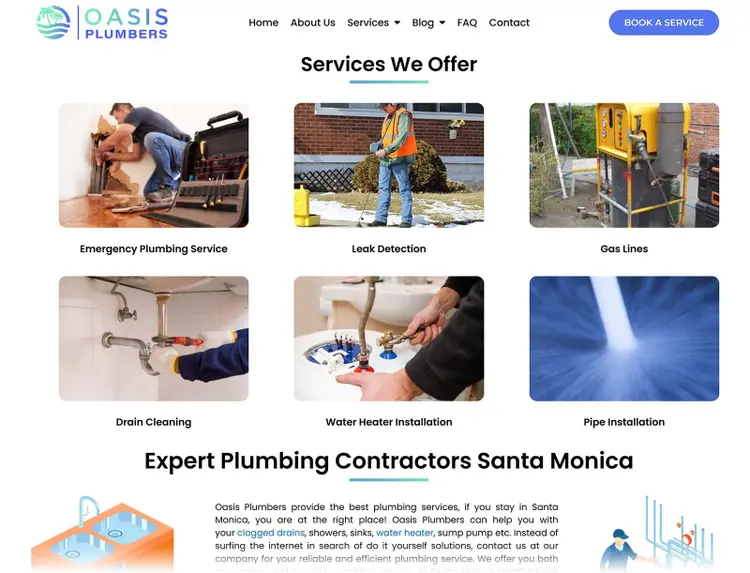 Oasis Plumbers website showing different plumbing services offered with images, including emergency plumbing and leak detection