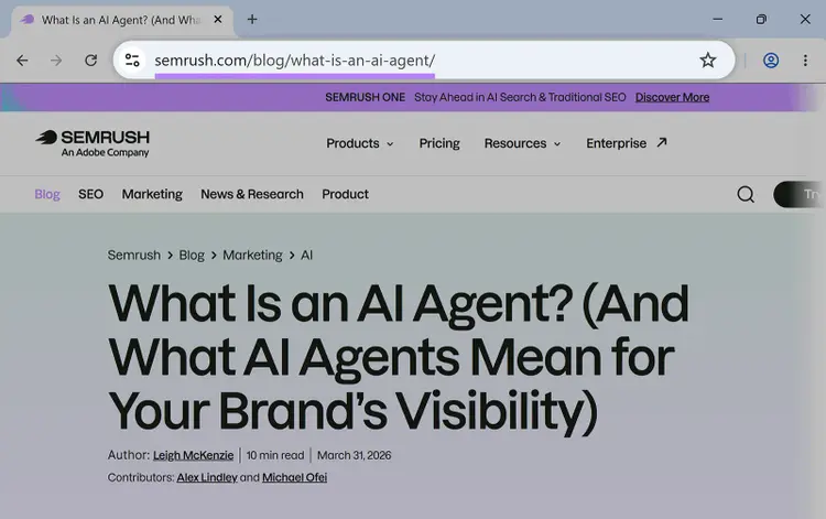 Semrush blog article page titled “What Is an AI Agent?” with URL highlighted