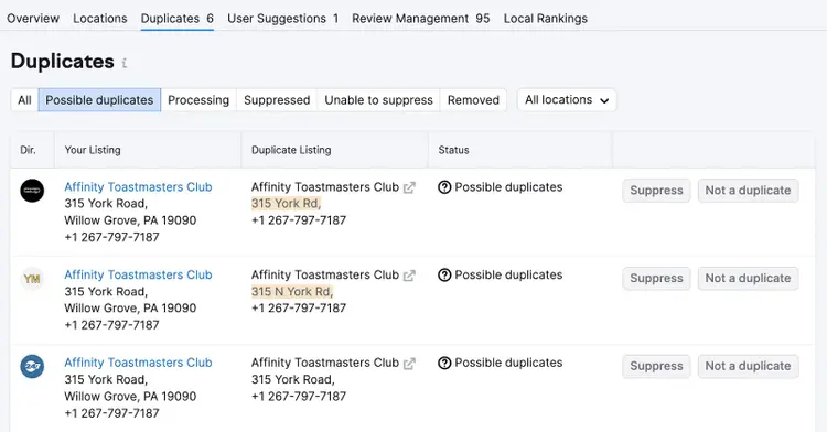 Possible duplicates detected by Listing Management.