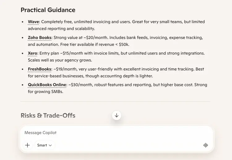 Microsoft Copilot lists practical guidance on Wave, Zoho Books, Xero, FreshBooks, and QuickBooks Online