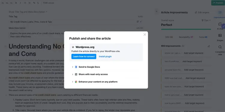 Semrush article publishing modal with options to publish to WordPress or send to Google Docs