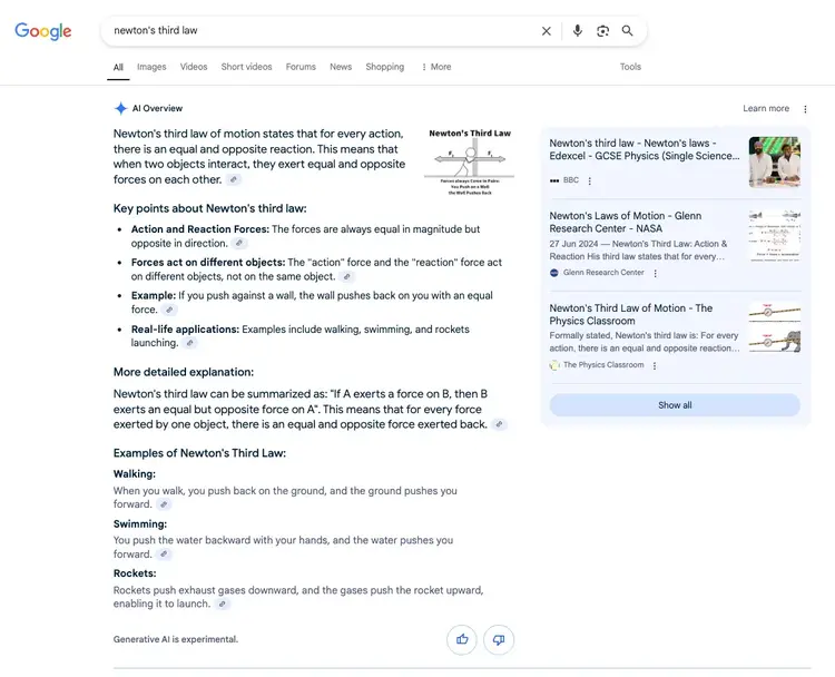 Google Search result for Newton's third law with AI Overview panel explaining the physics concept