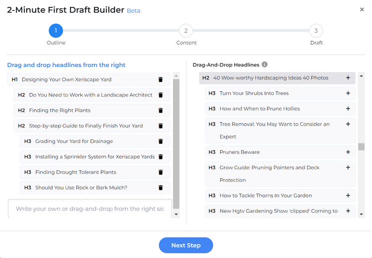 GrowthBar 2-Minute First Draft Builder showing headline selection for gardening article content outline.