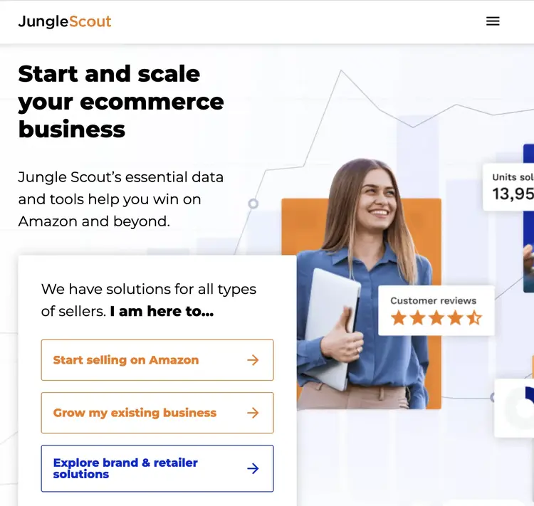 Jungle Scout website with "Start and scale your ecommerce business" title