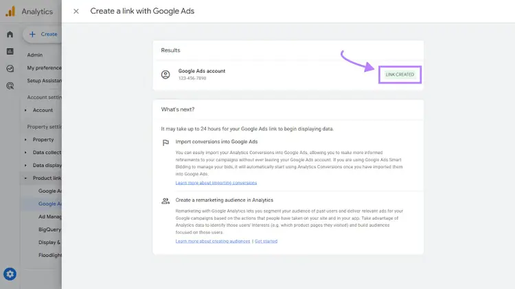 Google Ads and Google Analytics accounts linked successfully