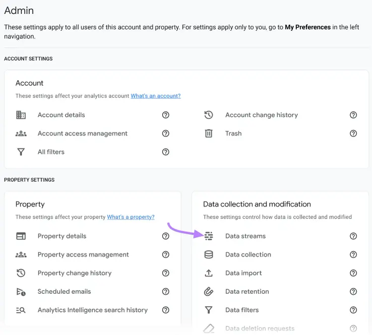 “Data streams” selected from the GA4 "Admin" dashboard