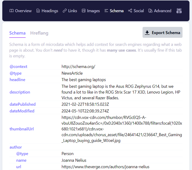 Detailed SEO extension showing rendered HTML as search engines see it