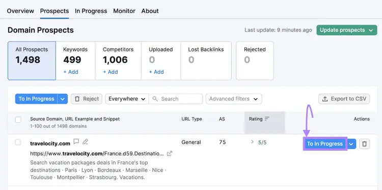 “To In Progress" button highlighted next to "travelocity.com" prospect in Link Building tool