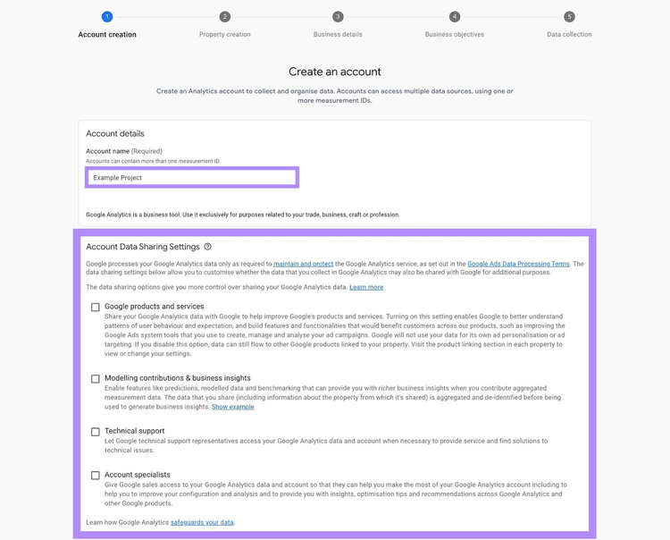 Account creation page on Google Analytics where an account name needs to be entered and data sharing settings selected.