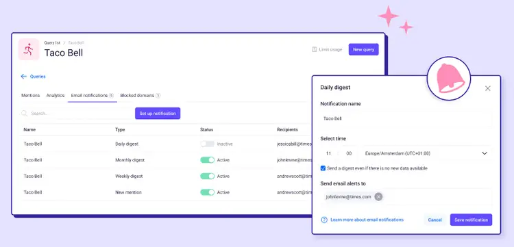 Brand monitoring tool shows email notification settings to get notice for new mentions across platforms.