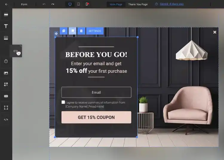 Landing Page Builder Before You Go popup offering 15% off coupon with email capture and furniture backdrop