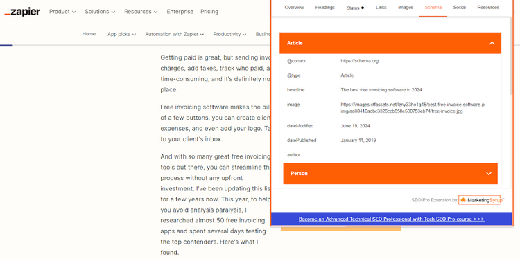SEO Pro Extension displaying article schema and structured data metadata