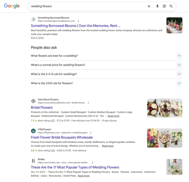 Google search results for “wedding flowers” with organic listings and People Also Ask section.