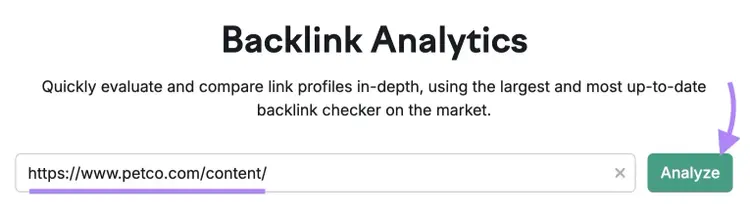 Backlinks tool start with a competitor's blog subfolder entered and the "Analyze" button clicked.