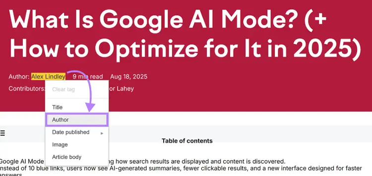Structured Data Helper tagging author name in article, arrow pointing to Author tag option.