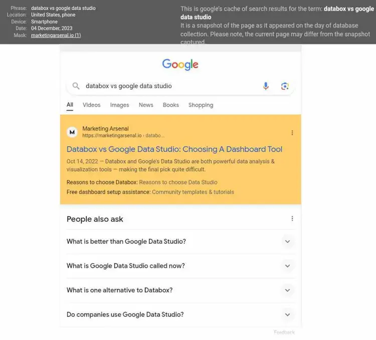 A preview of the SERP for "databox vs google data studio"
