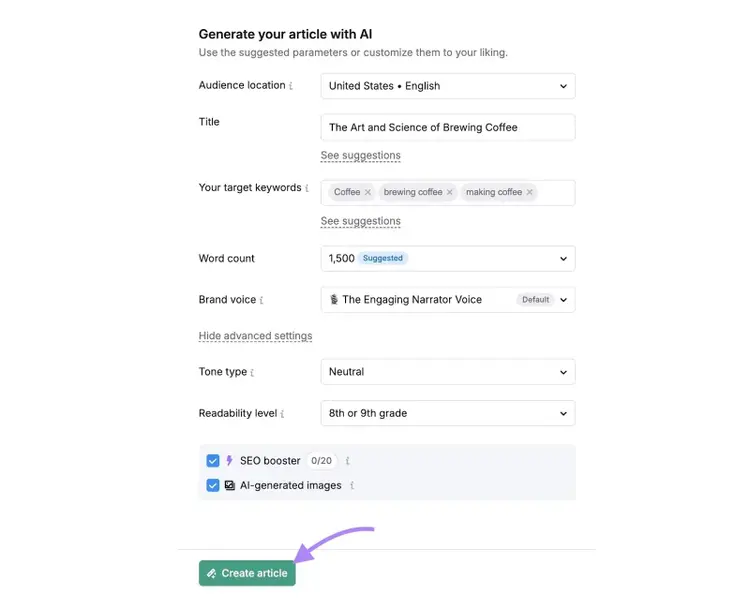 AI Article Generator setup with options to customize the title, target keywords, tone, readability level, etc.