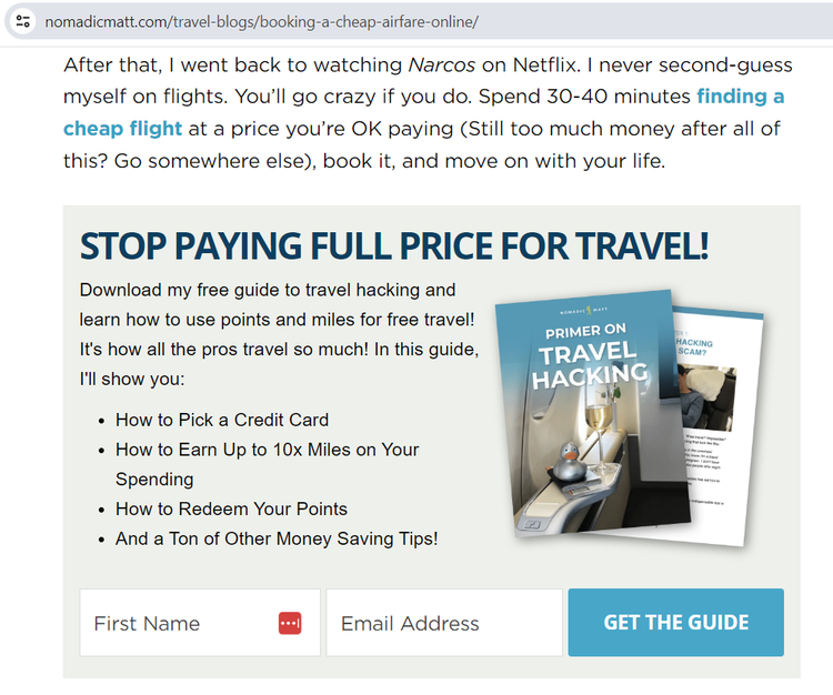 “Get the Guide” CTA on Nomadic Matt's site