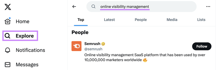 Twitter search result for online visibility management
