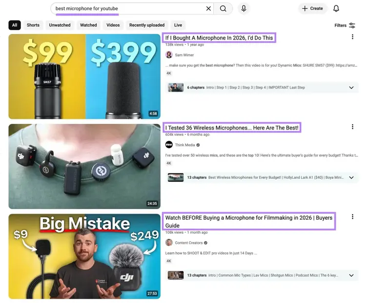 YouTube SERP for the term "best microphone for youtube" with the titles of the top three results highlighted.