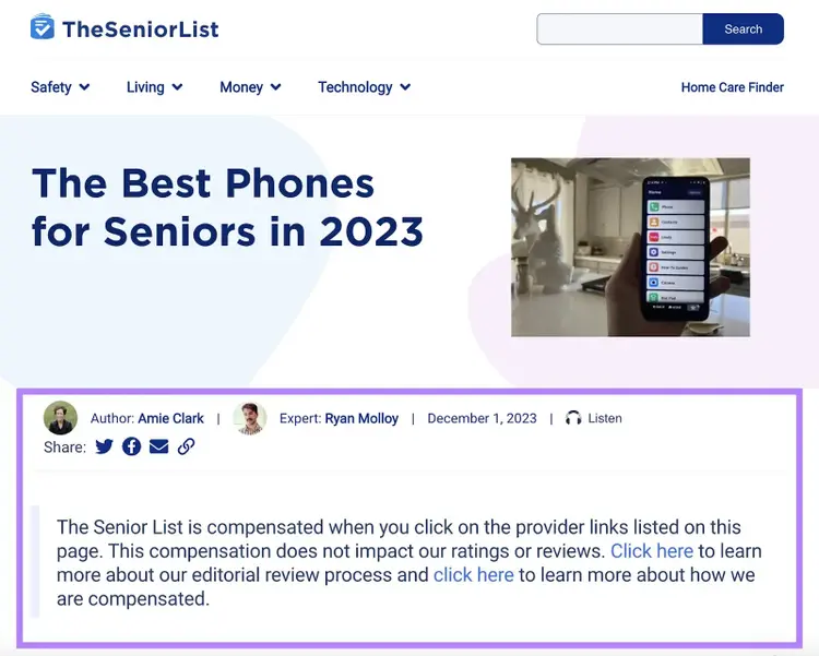 "The Best Phones for Seniors in 2023" page