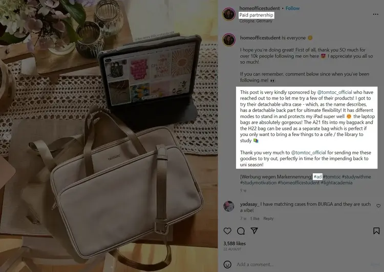 Instagram influencer @homeofficestudent's paid partnership post with Tomtoc