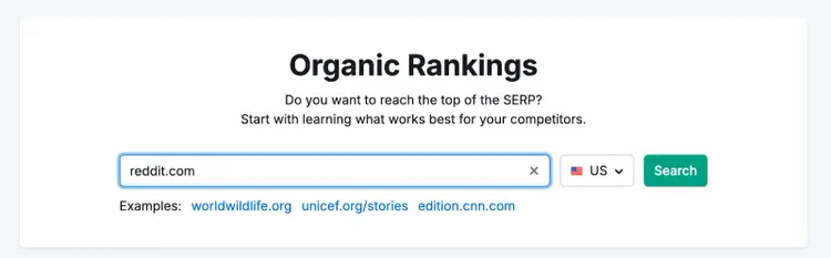 Organic Rankings search interface with reddit.com domain and US region selected with examples