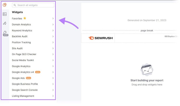 "Widgets" menu highlighted on the left