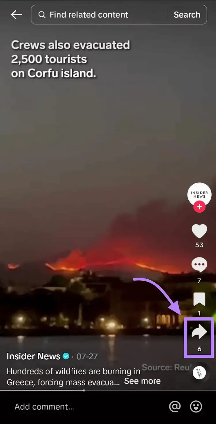 TikTok video about Greece wildfire and Corfu