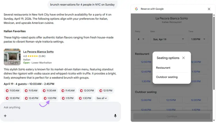 A "Reserve with Google" panel opens to complete the reservation details.