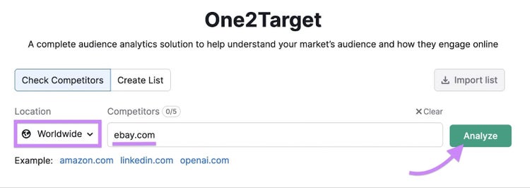 "ebay.com" entered into the One2Target tool