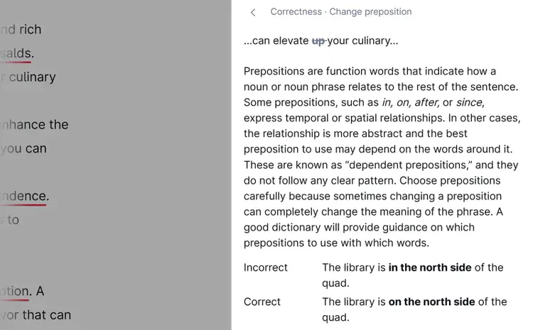 Grammarly side panel explaining a grammar correction about changing a preposition in an avocado article.