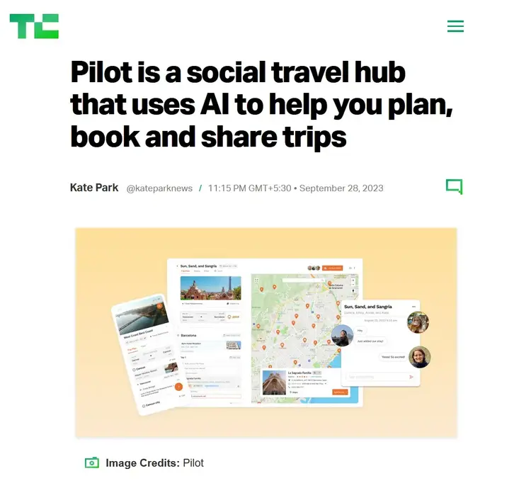 A TechCrunch article titled "Pilot is a social travel hub that uses AI to help you plan, book and share trips"