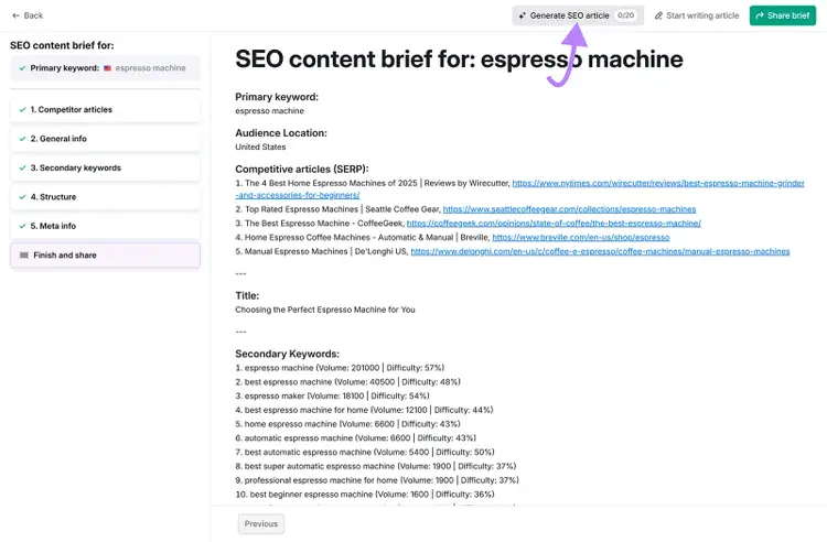 SEO content brief summary with primary keyword “espresso machine” and button highlighted to generate SEO article.