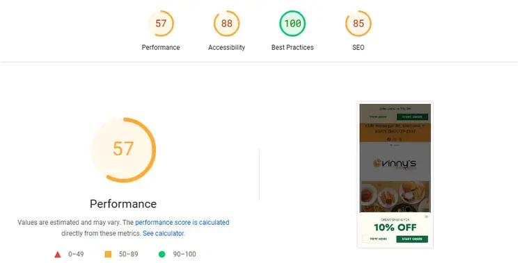 Google PageSpeed Insights for a local pizza restaurant.