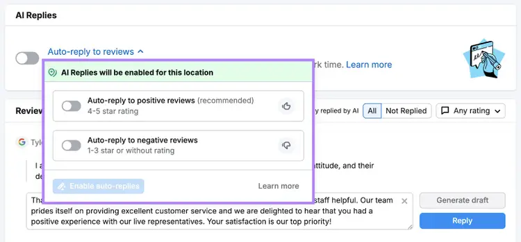 AI replies option highlighted to respond to reviews automatically if they are positive or negative