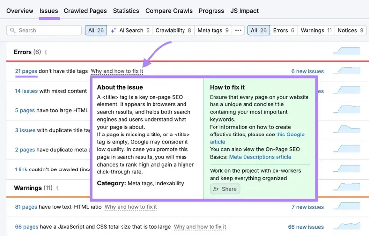 Site Audit issues showing the number of pages affected by each issue along with suggestions for addressing it.