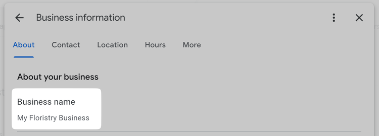Business name field highlighted on "Business information" page