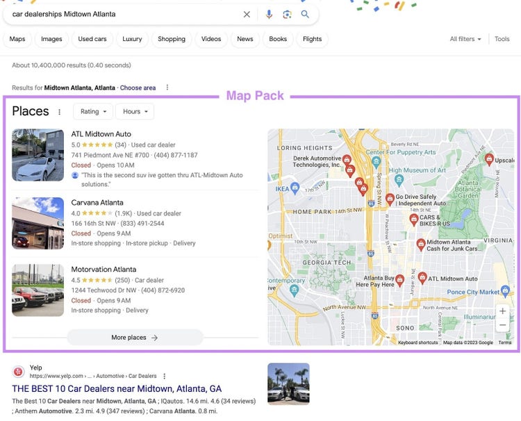 “Map Pack” on Google SERP for "car dealerships Midtown Atlanta" query