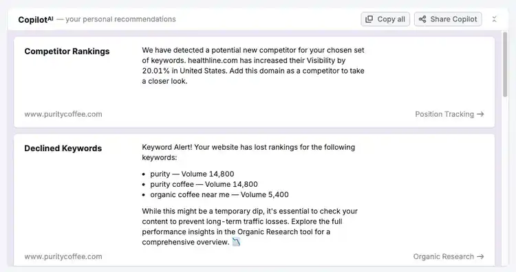 Copilot recommendations: healthline.com competitor alert, declined keywords alert with lost rankings