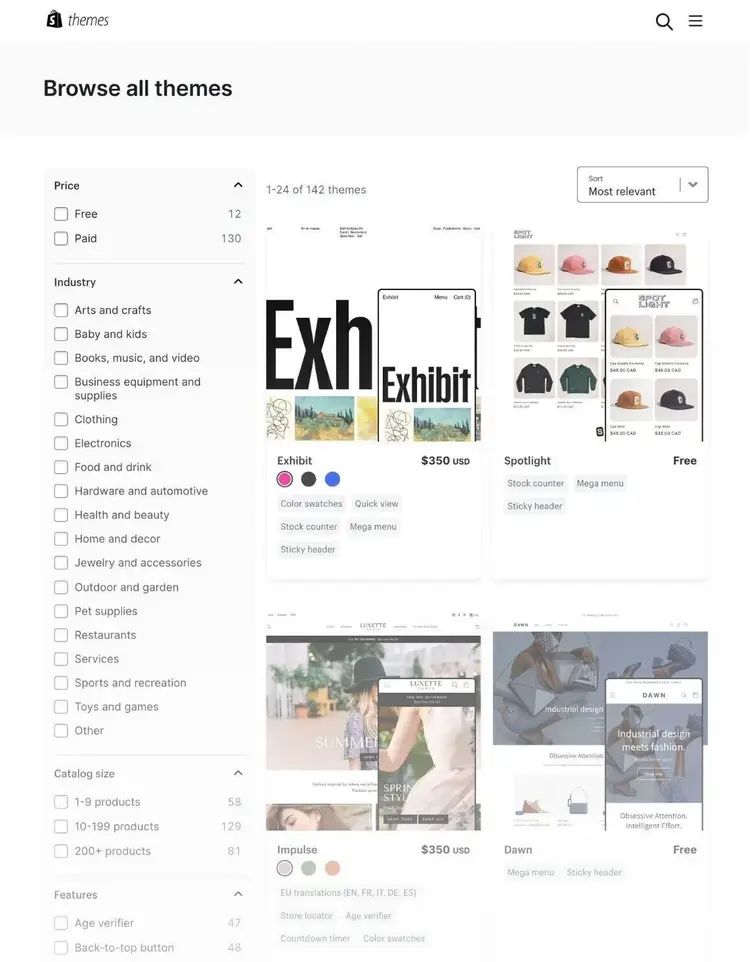 WordPress themes browser showing Exhibit, Spotlight, and Dawn theme templates