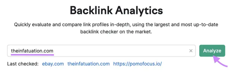 Semrush Backlink Analytics tool interface with domain search field