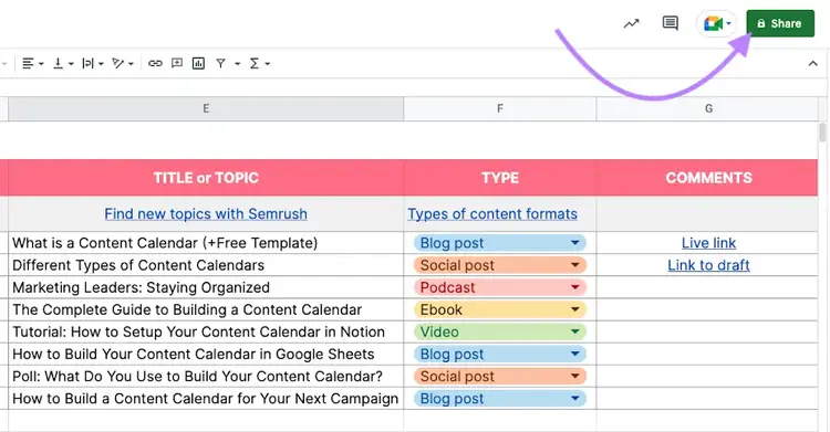 Share button highlighted on Google Sheets content calendar example