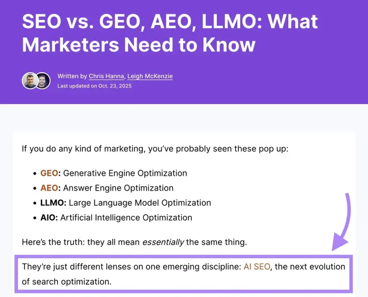 A blog post about GEO and similar definitions with the narrative being linked to the core intent: AI search.
