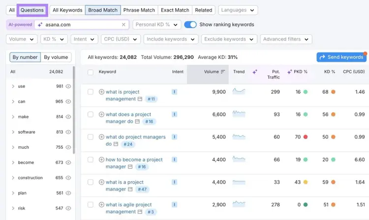 Question-based keyword ideas on the Keyword Magic Tool report.